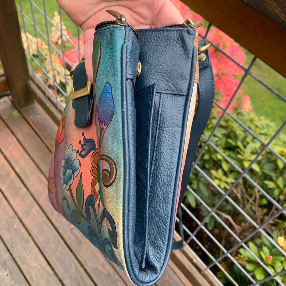 Anuschka Crossbody Hand-Painted Leather Flower and Bird Handbag - Picture 14 of 15